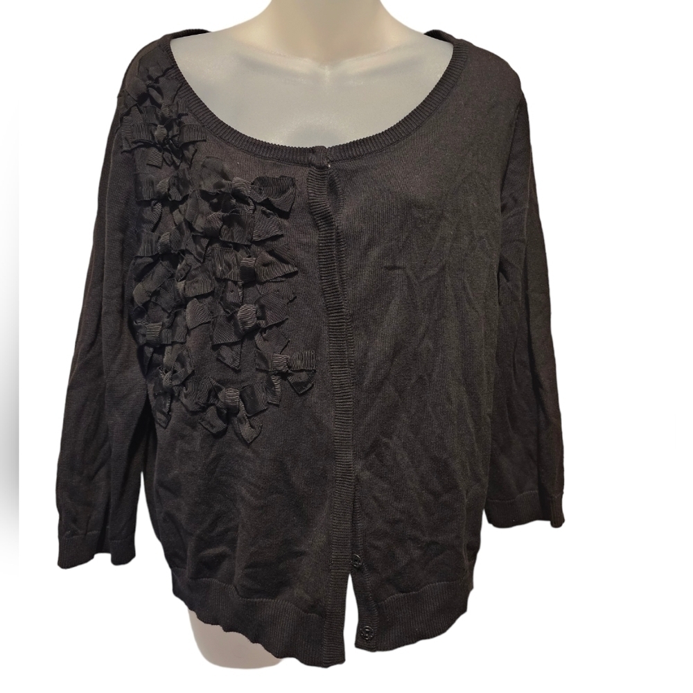 JOSEPH A.; Women's Black Cardigan Sweater With Mini Bow Design, Sz L